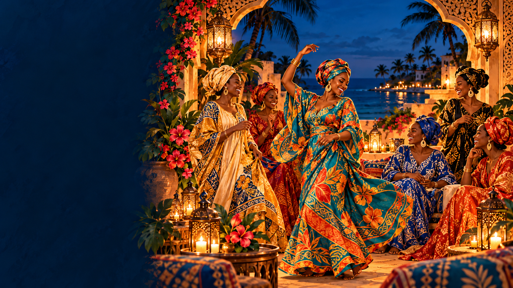 Illustration of women celebrating in colourful Swahili attire in a lantern-lit courtyard